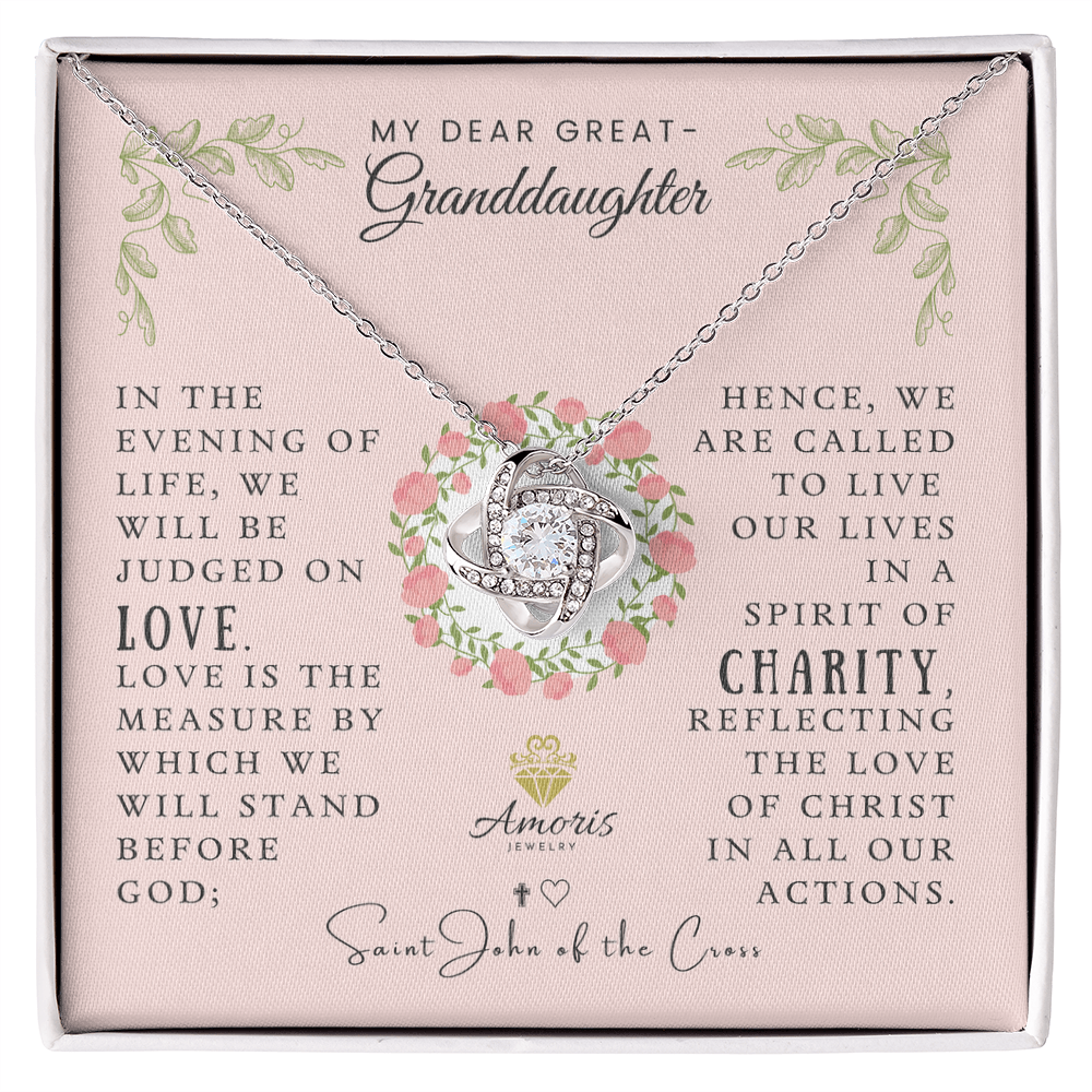 My Dear Great-Granddaughter Love Knot Necklace with Saint John of the Cross Quote