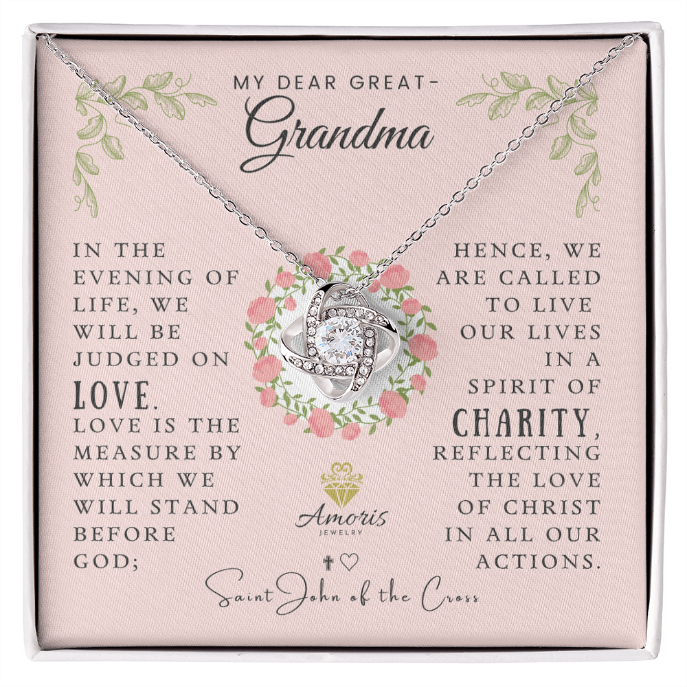 My Dear Great-Grandma Love Knot Necklace with Saint John of the Cross Quote