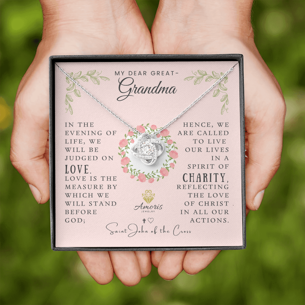 My Dear Great-Grandma Love Knot Necklace with Saint John of the Cross Quote