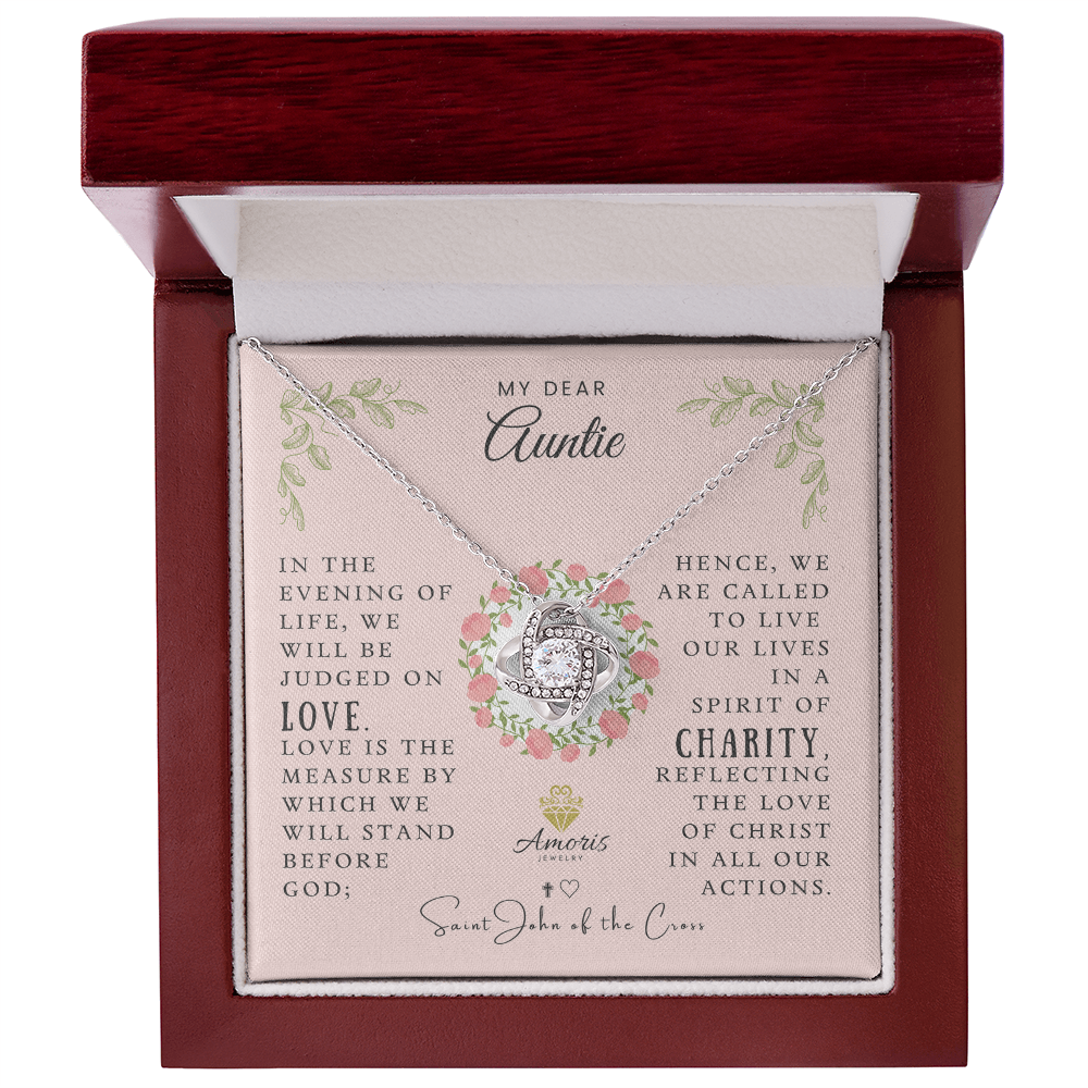 My Dear Auntie Love Knot Necklace with Saint John of the Cross Quote