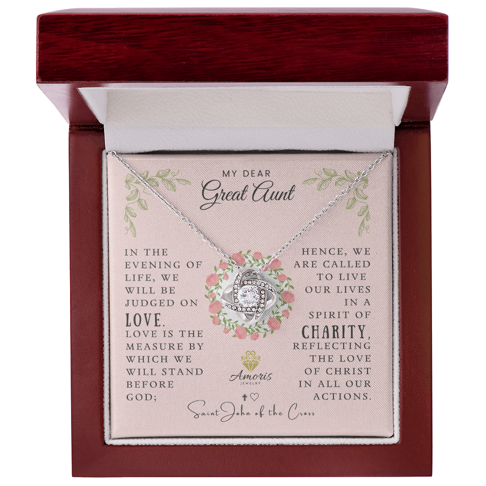 My Dear Great Aunt Love Knot Necklace with Saint John of the Cross Quote