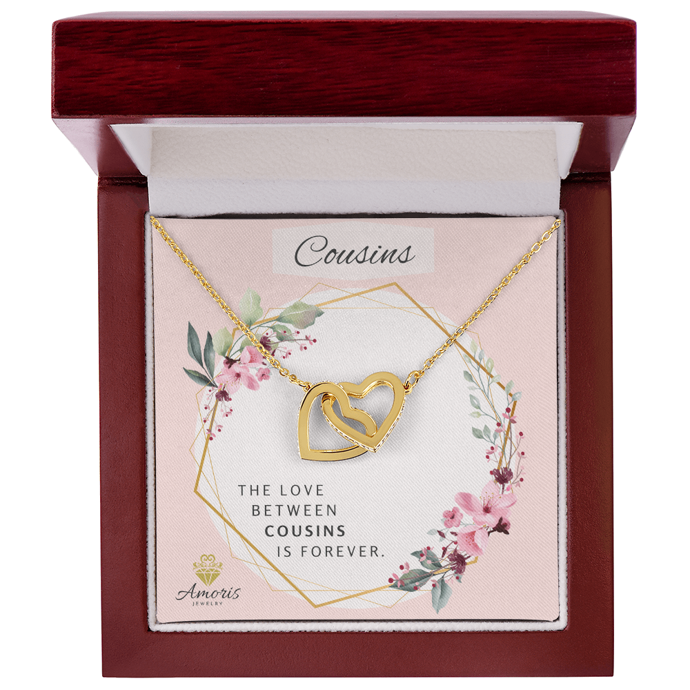 Collar de corazones entrelazados "Primos para siempre" con tarjeta con mensaje