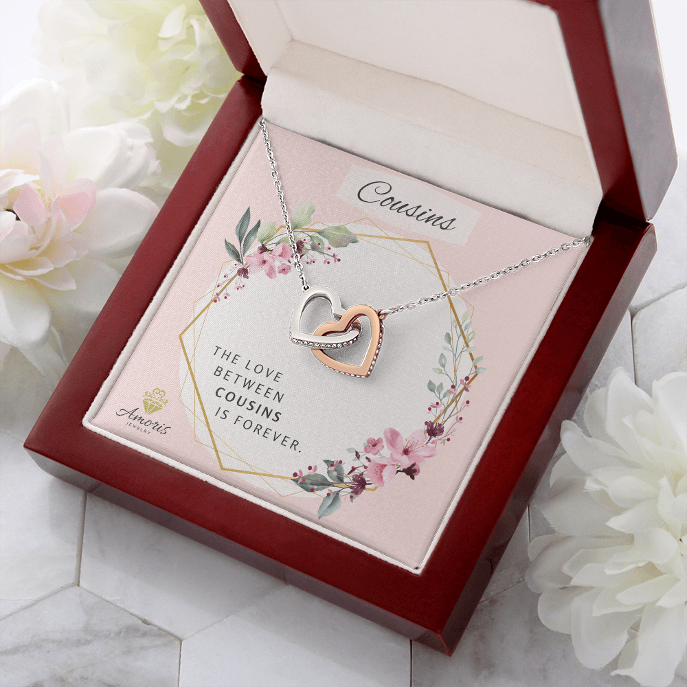 Cousins Forever Interlocking Hearts Necklace with Message Card