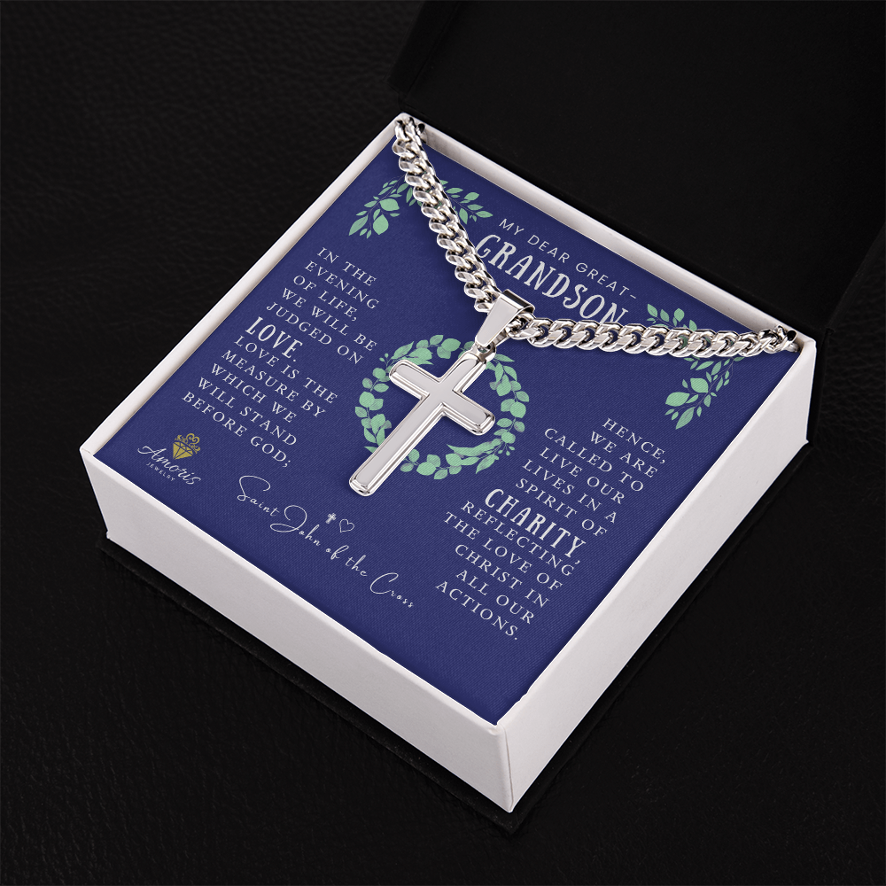 My Dear Great-Grandson Cuban Chain Artisan Cross Necklace with Saint John of the Cross Quote