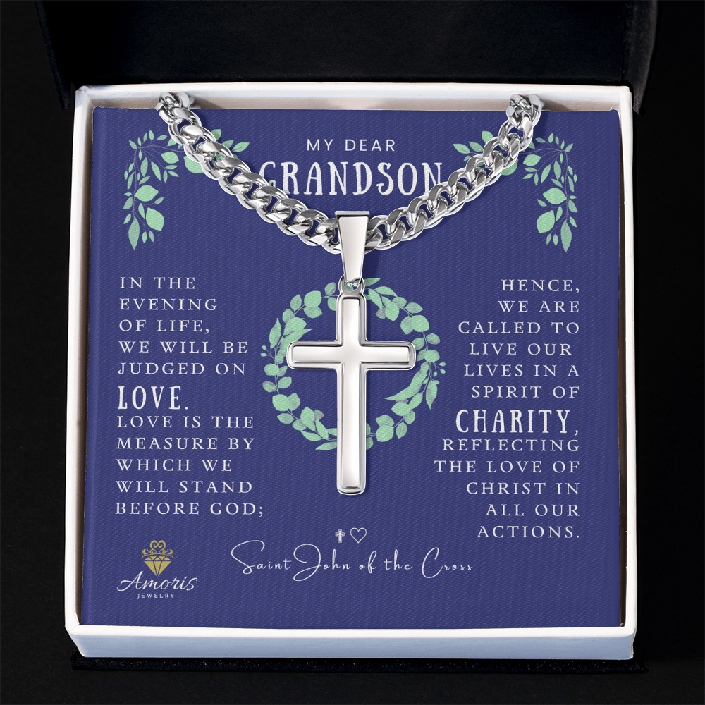 My Dear Grandson Cuban Chain Artisan Cross Necklace with Saint John of the Cross Quote