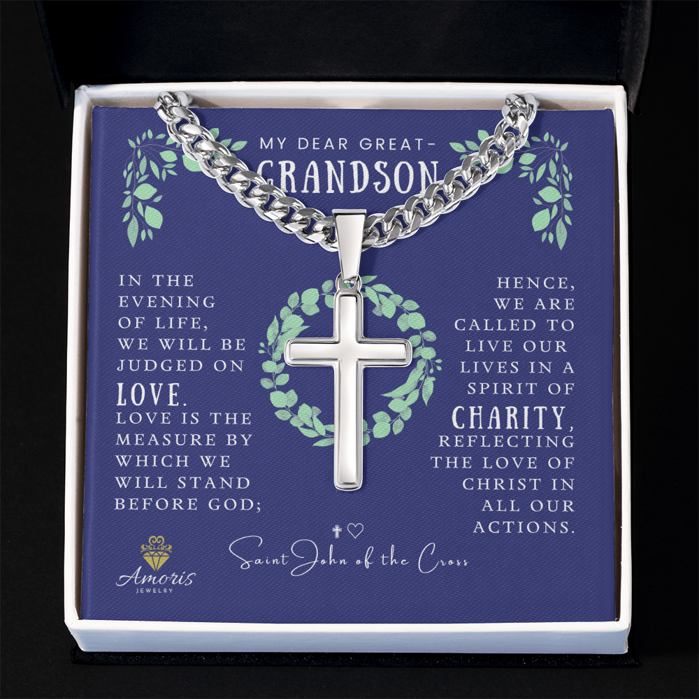 My Dear Great-Grandson Cuban Chain Artisan Cross Necklace with Saint John of the Cross Quote