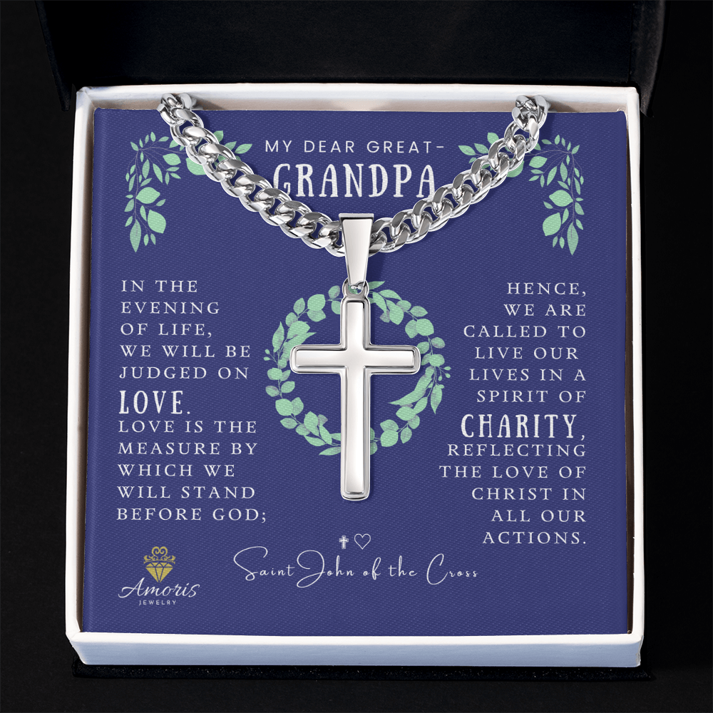My Dear Great-Grandpa Cuban Chain Artisan Cross Necklace with Saint John of the Cross Quote