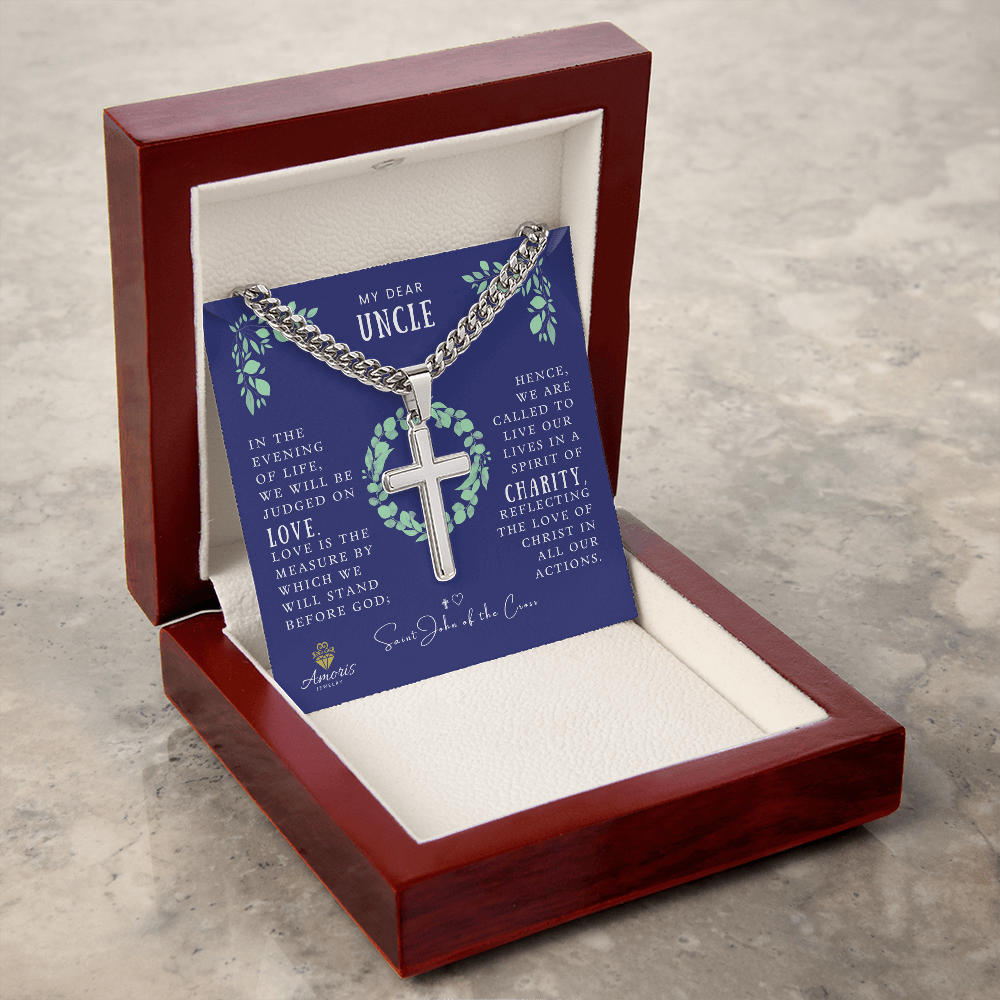 My Dear Uncle Cuban Chain Artisan Cross Necklace with Saint John of the Cross Quote