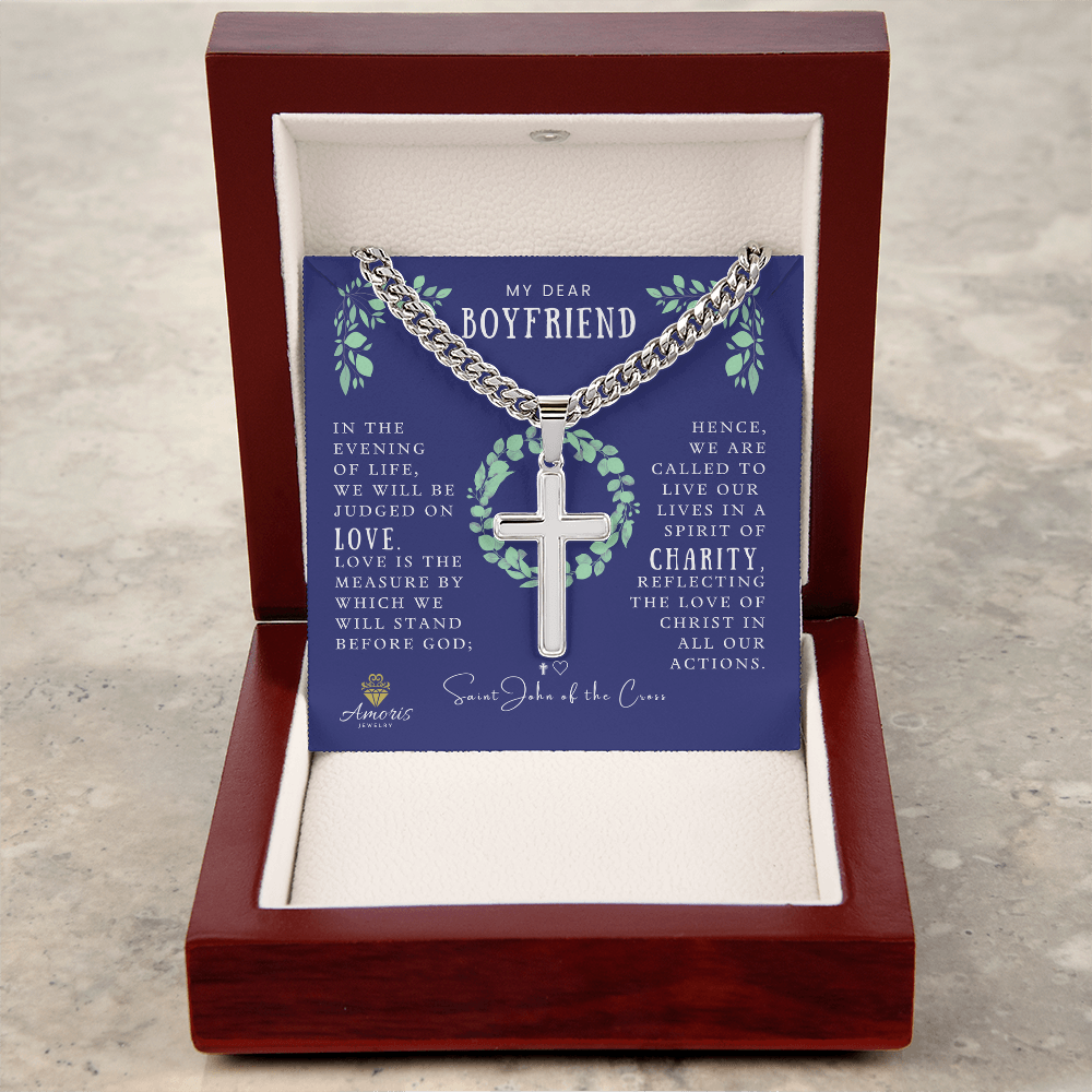 My Dear Boyfriend Cuban Chain Artisan Cross Necklace with Saint John of the Cross Quote