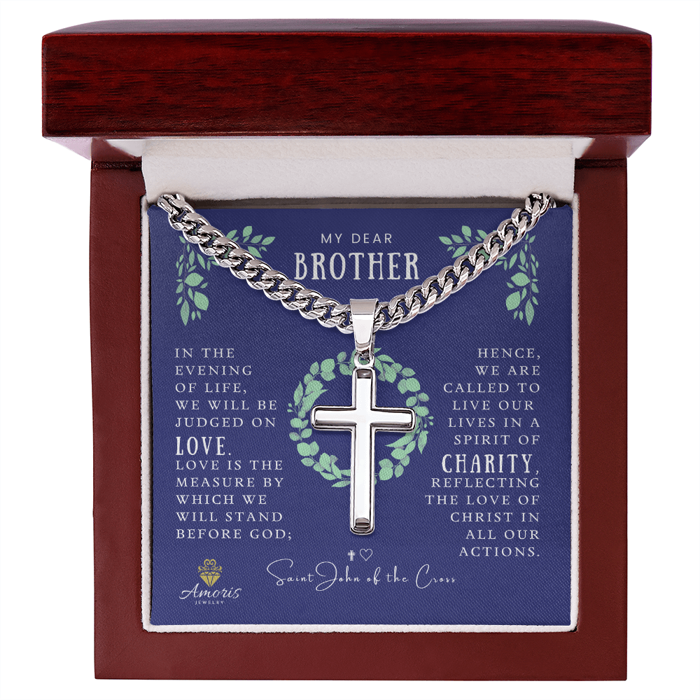 Collar de Cruz Artesanal de Cadena Cubana Mi Querido Hermano con Cita de San Juan de la Cruz
