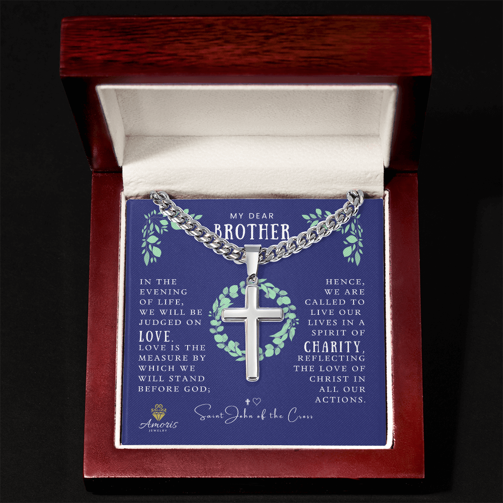 Collar de Cruz Artesanal de Cadena Cubana Mi Querido Hermano con Cita de San Juan de la Cruz