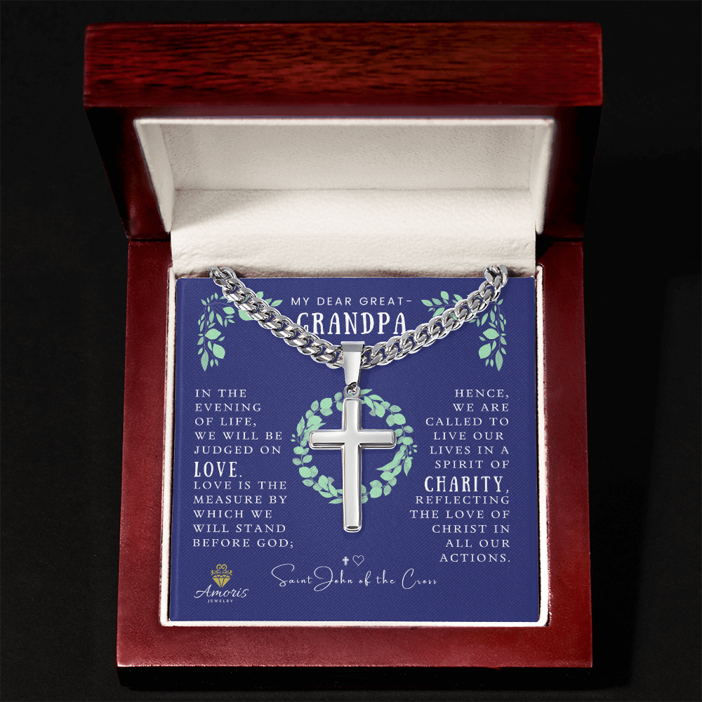 My Dear Great-Grandpa Cuban Chain Artisan Cross Necklace with Saint John of the Cross Quote