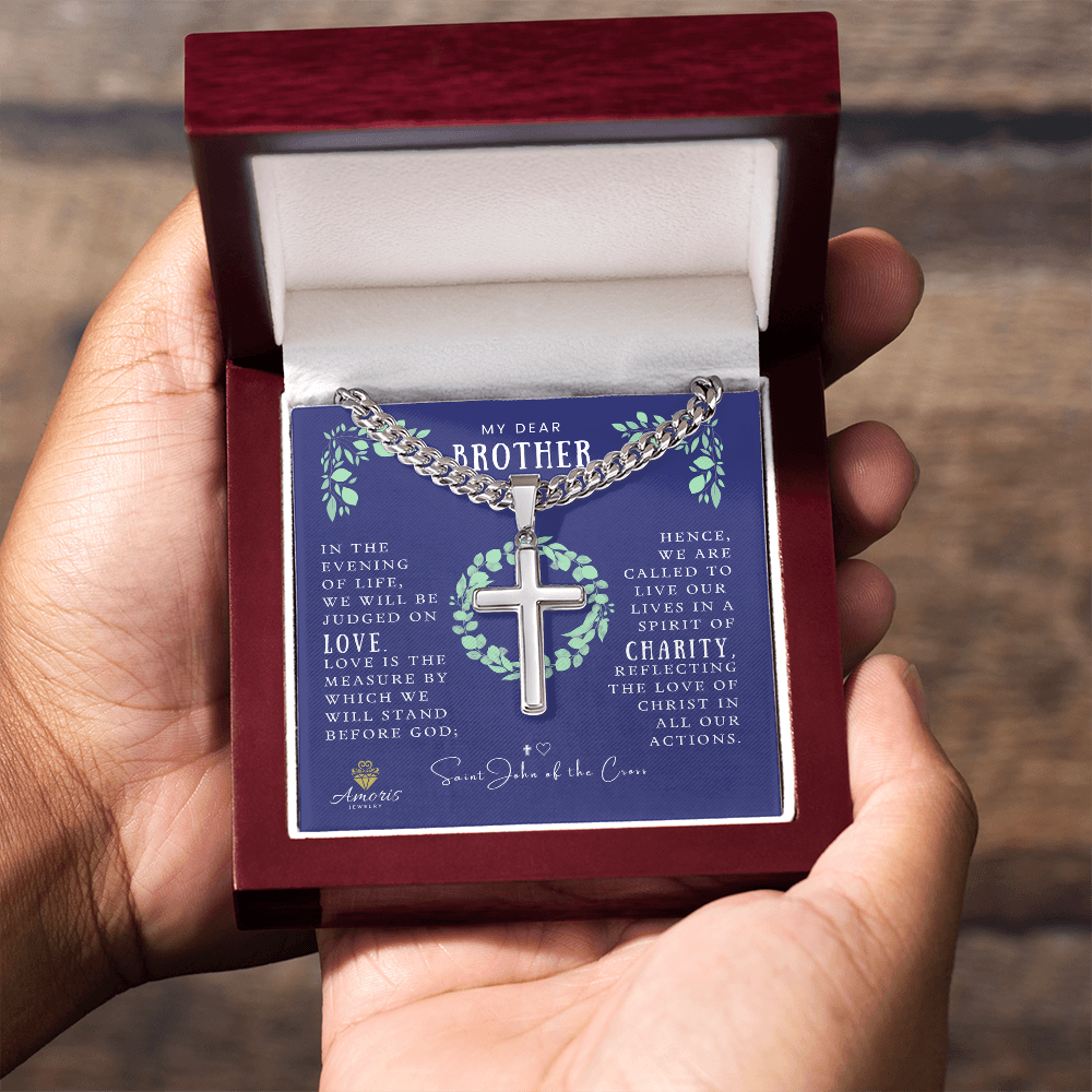 Collar de Cruz Artesanal de Cadena Cubana Mi Querido Hermano con Cita de San Juan de la Cruz