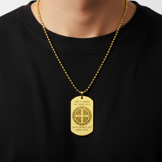 Saint Benedict Medal Tag Necklace with Personalized Engraving