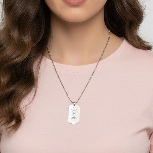 Miraculous Medal Verso Tag Necklace with Personalized Engraving