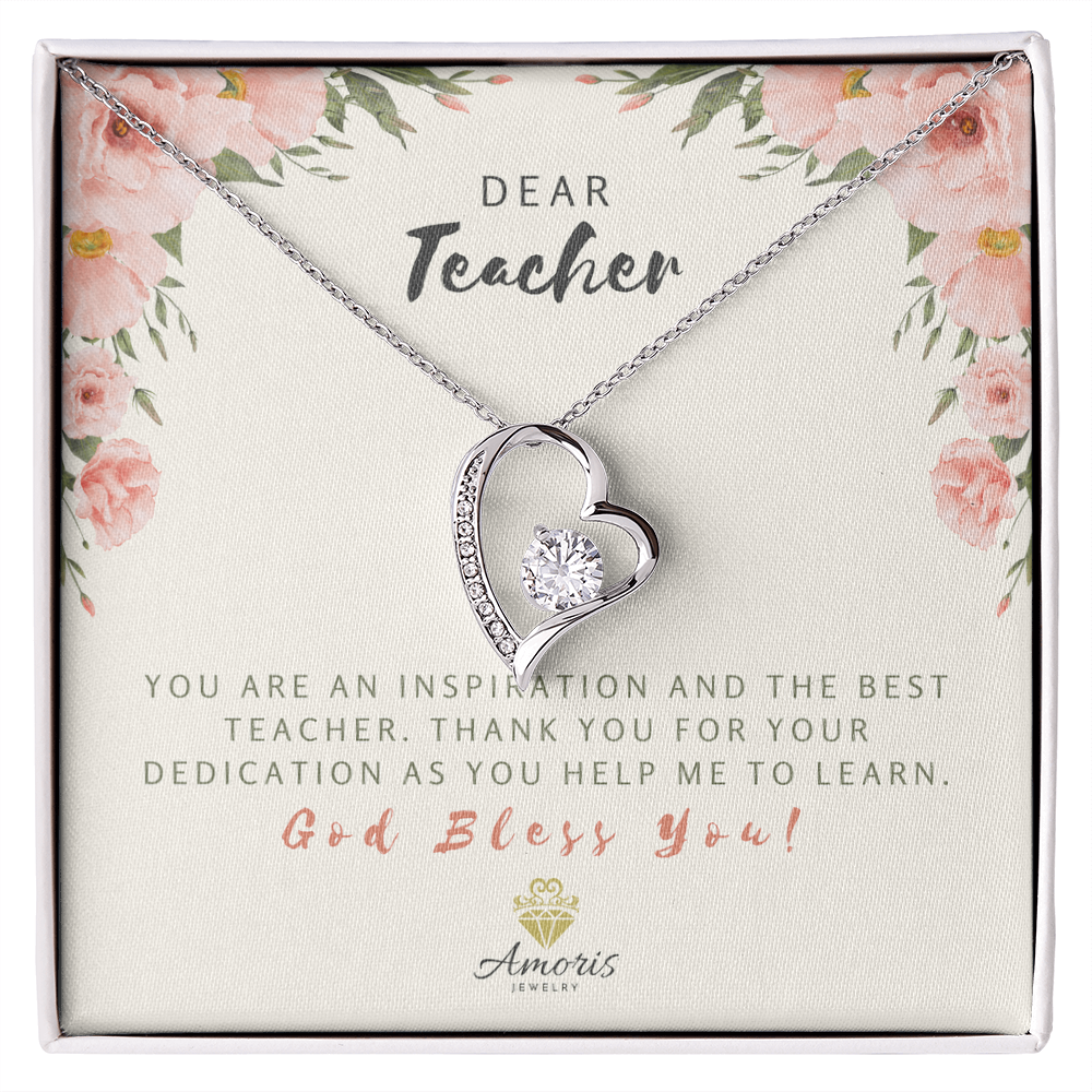 Dear Teacher God Bless You Heart Necklace with Message Card