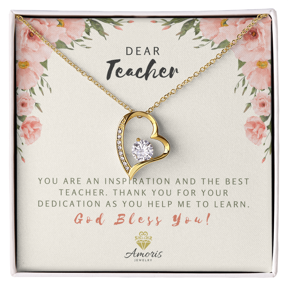 Dear Teacher God Bless You Heart Necklace with Message Card