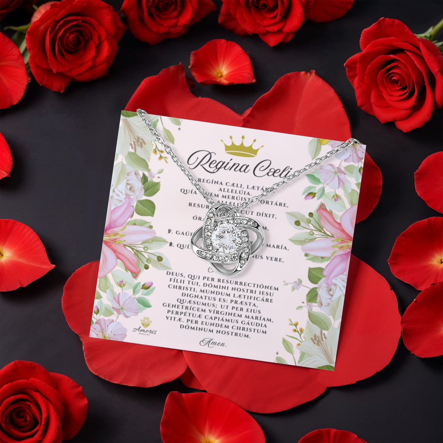 Collar de nudo de amor Regína Cæli con rosa eterna y tarjeta de oración en latín (con detalles)