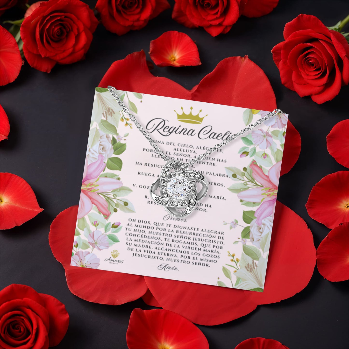 Collar de nudo de amor Regina Caeli con rosa eterna y tarjeta de oración en español
