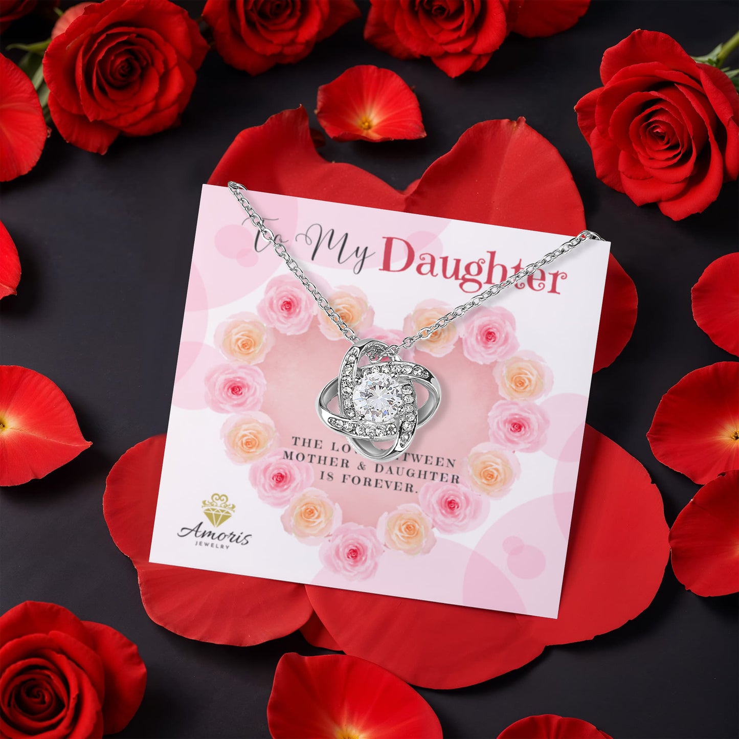 To My Daughter Love Knot Necklace with Eternal Rose Box