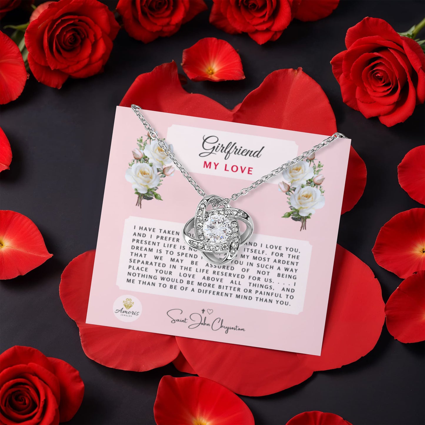Girlfriend My Love Necklace with Eternal Rose and Saint John Chrysostom Quote