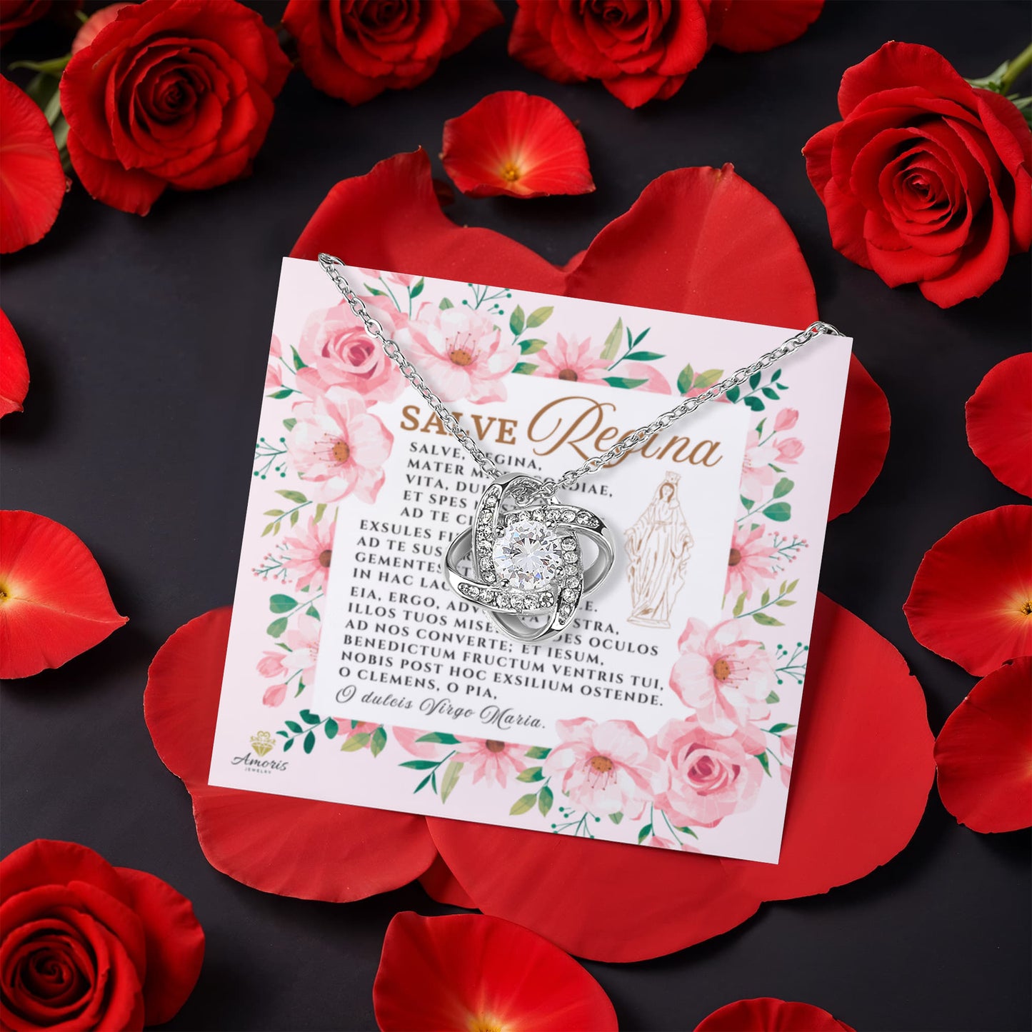 Collar con nudo de amor Salve Regina, rosa eterna y tarjeta de oración latina