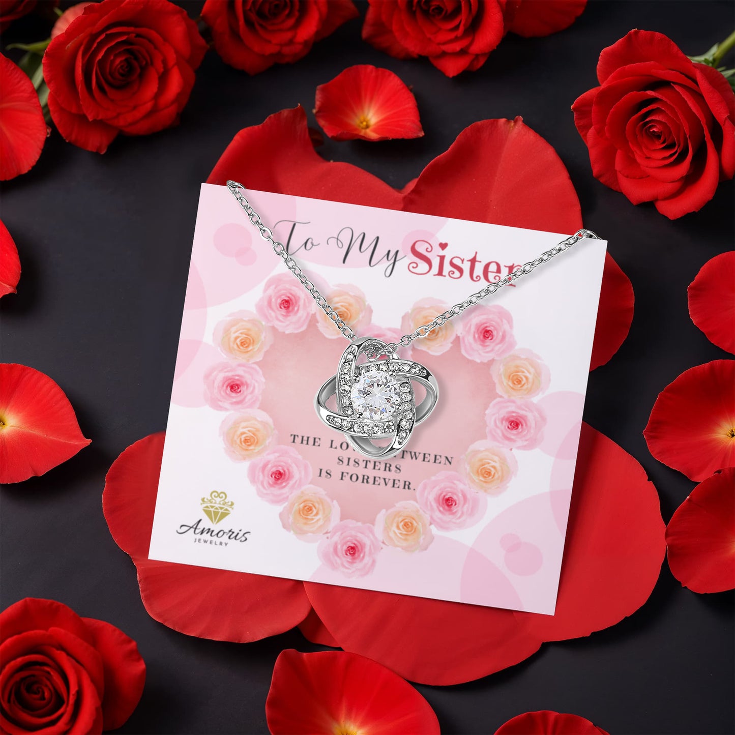 To My Sister Love Knot Necklace with Eternal Rose Box