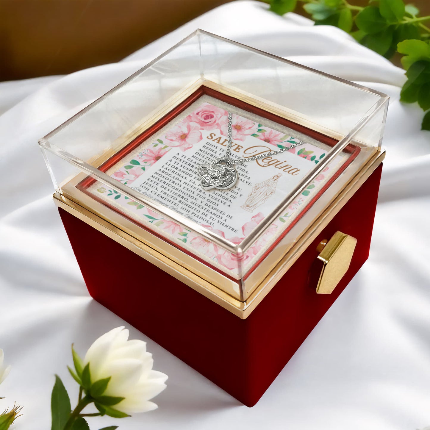 Collar de nudo de amor Salve Regina con rosa eterna y tarjeta de oración en español