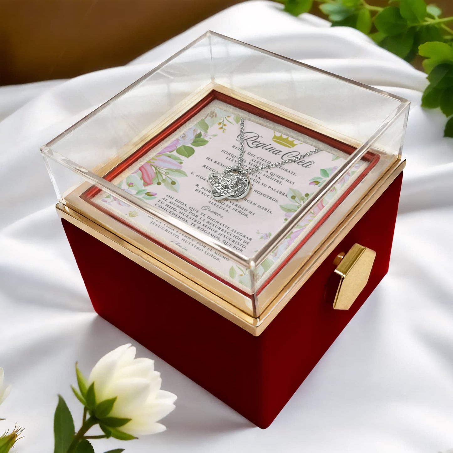Collar de nudo de amor Regina Caeli con rosa eterna y tarjeta de oración en español