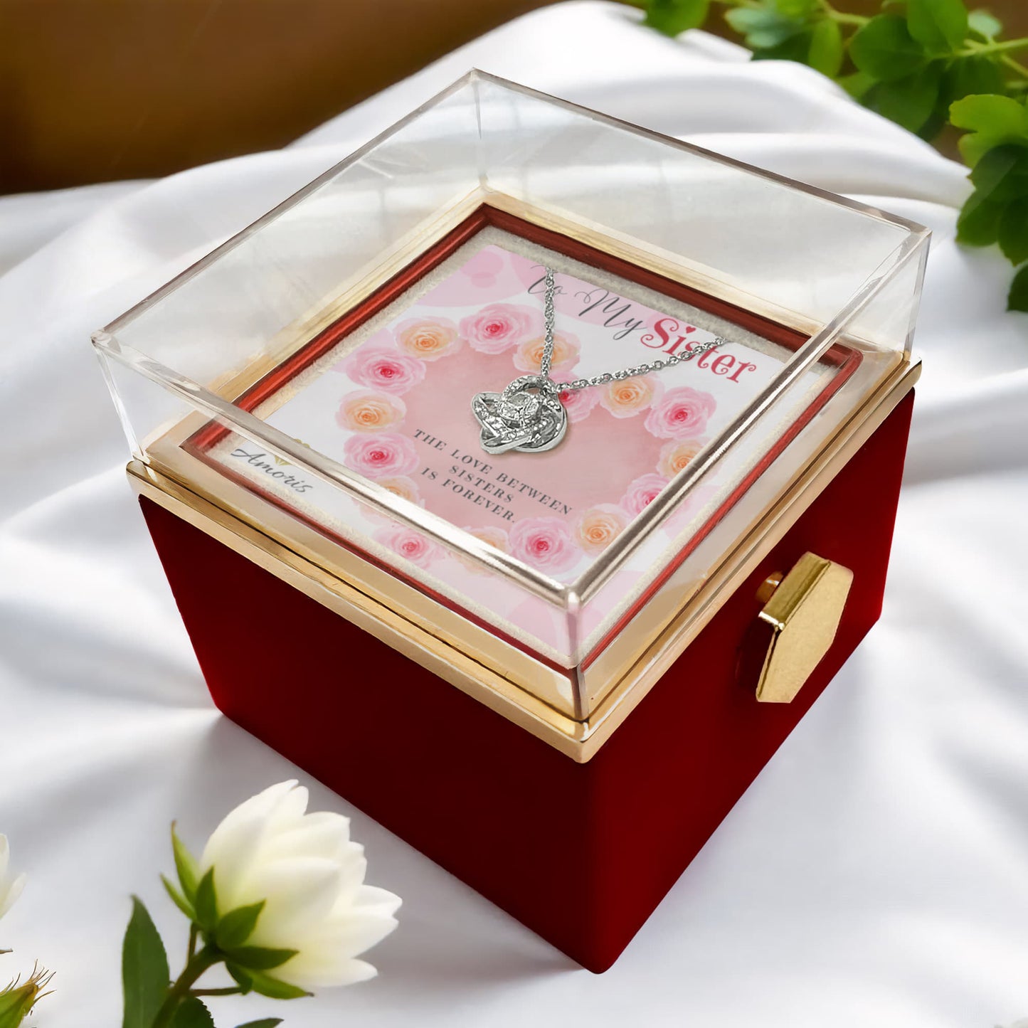 To My Sister Love Knot Necklace with Eternal Rose Box