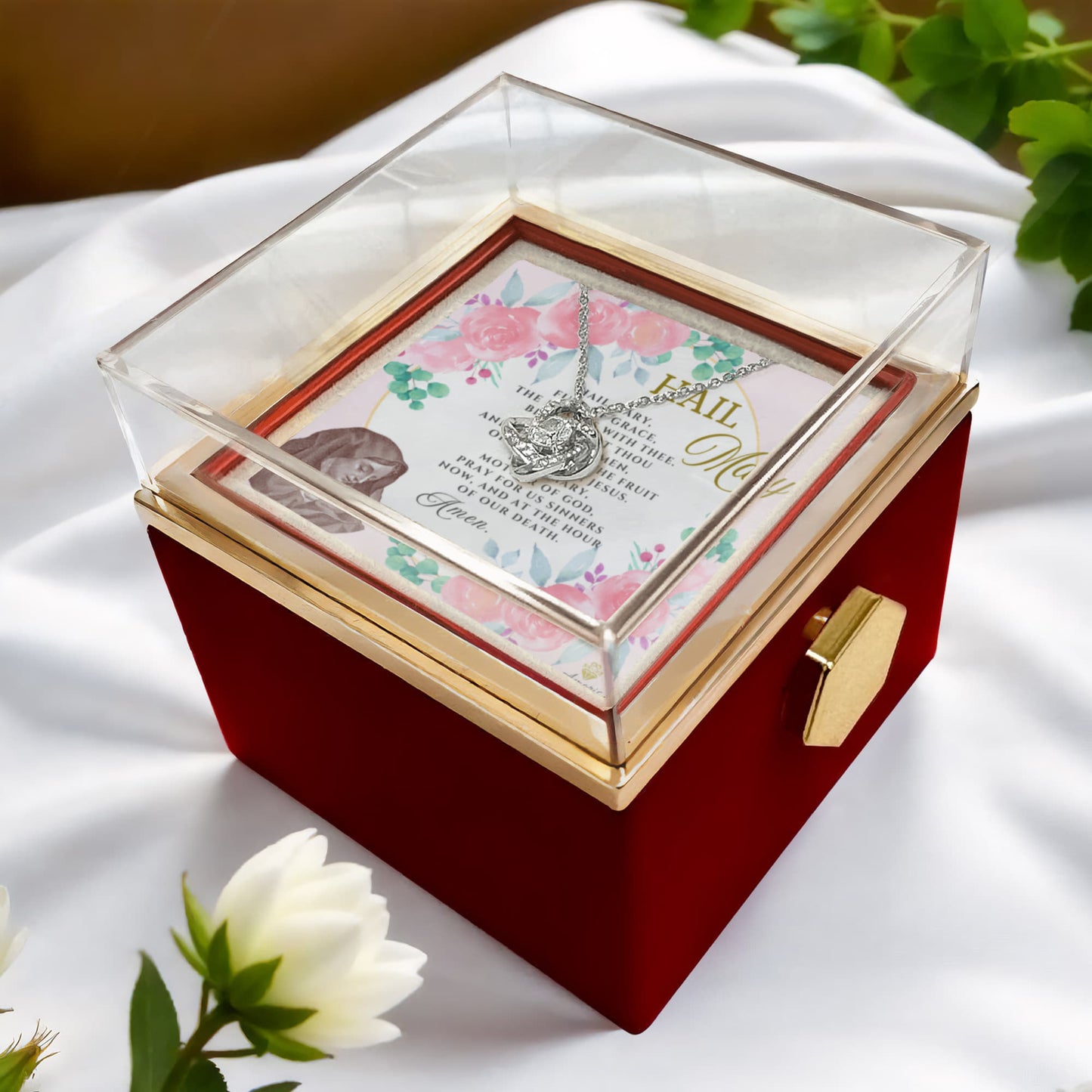 Collar de nudo de amor de Ave María con rosa eterna y tarjeta de oración en inglés
