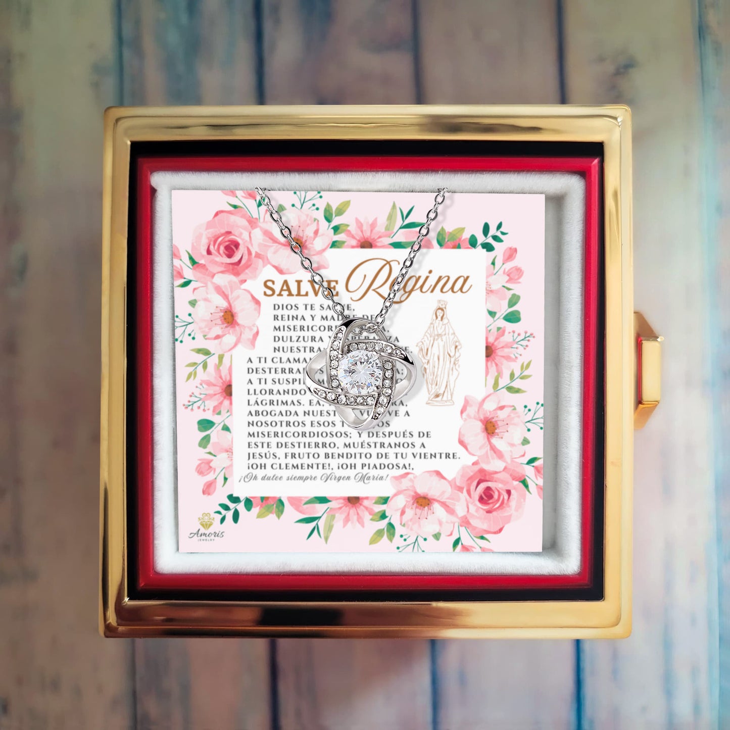 Collar de nudo de amor Salve Regina con rosa eterna y tarjeta de oración en español