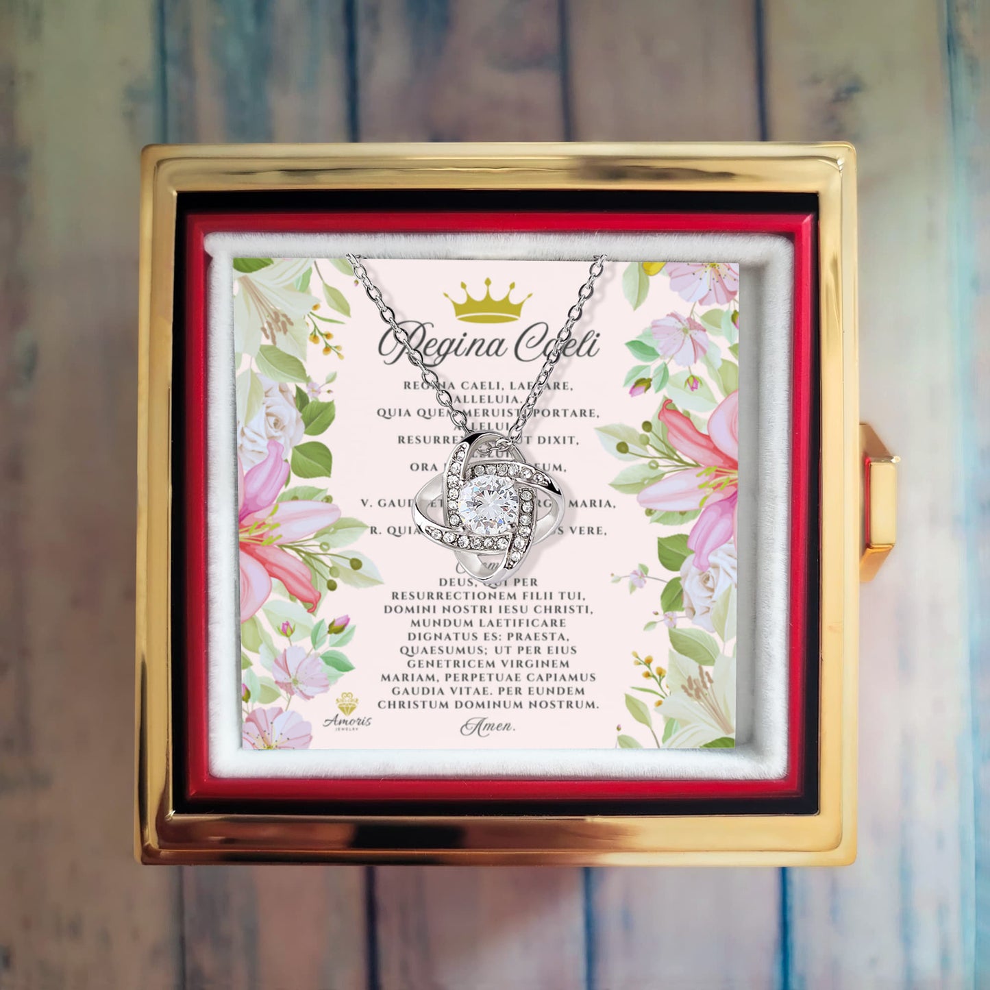 Collar de nudo de amor Regina Caeli con rosa eterna y tarjeta de oración en latín