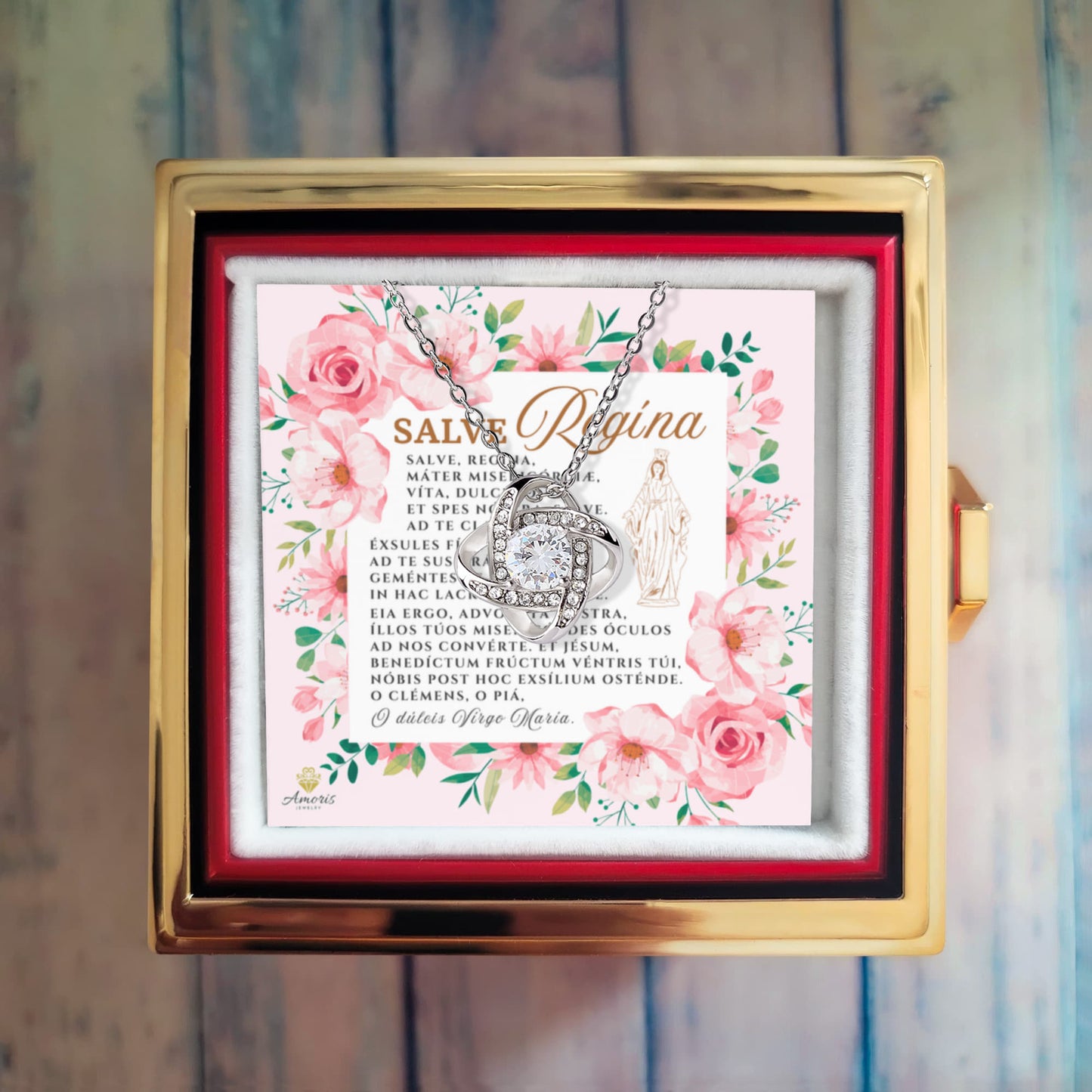 Collar de nudo de amor Salve Regína con rosa eterna y tarjeta de oración en latín (con detalles)