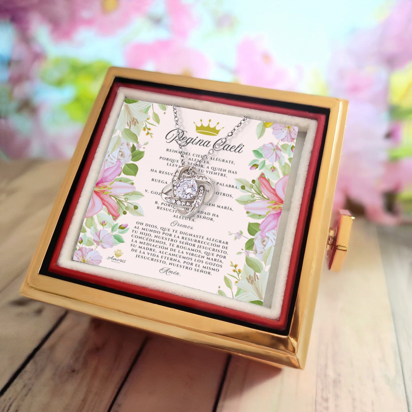 Collar de nudo de amor Regina Caeli con rosa eterna y tarjeta de oración en español