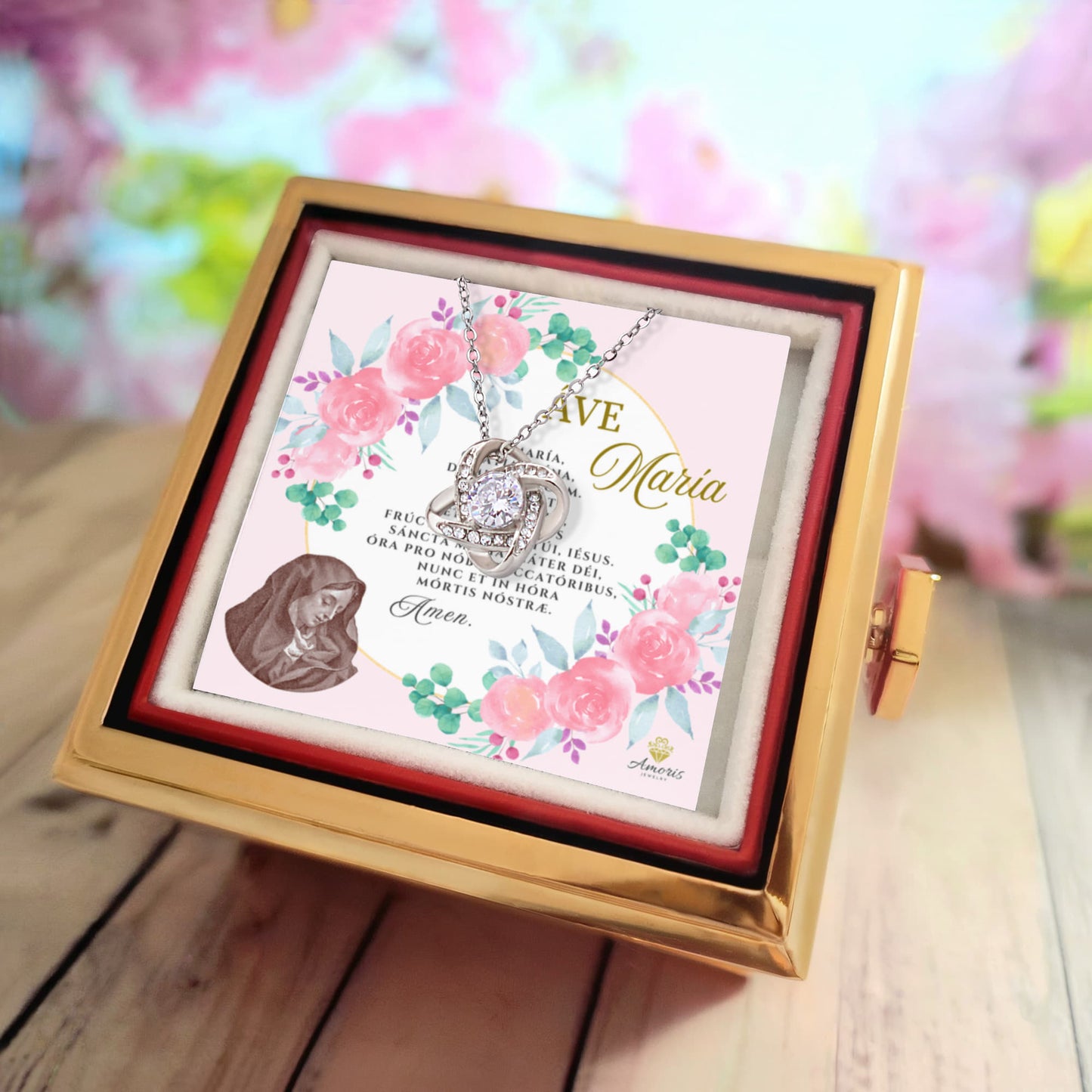 Áve María Love Knot Necklace with Eternal Rose and LATIN Prayer Card (with accents)