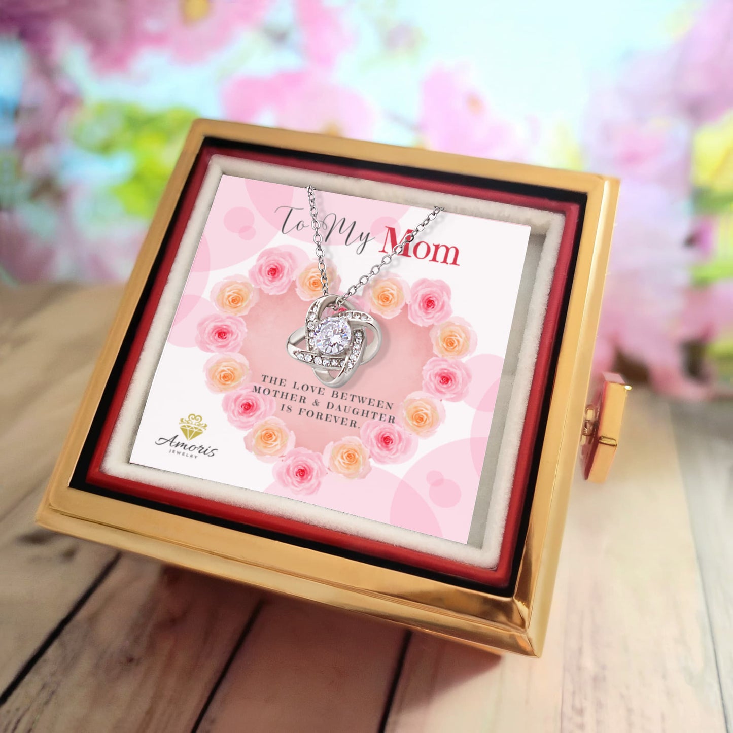 To My Mom Love Knot Necklace with Eternal Rose Box