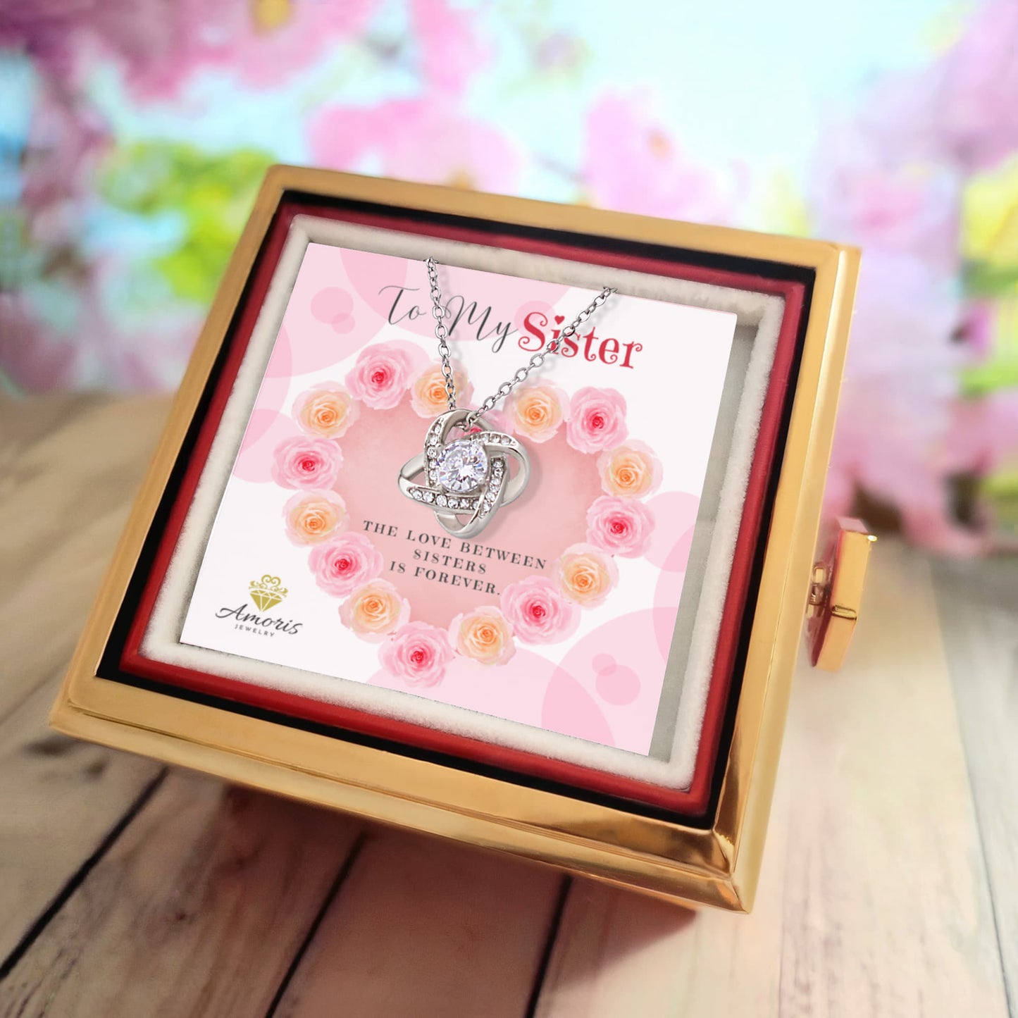 To My Sister Love Knot Necklace with Eternal Rose Box