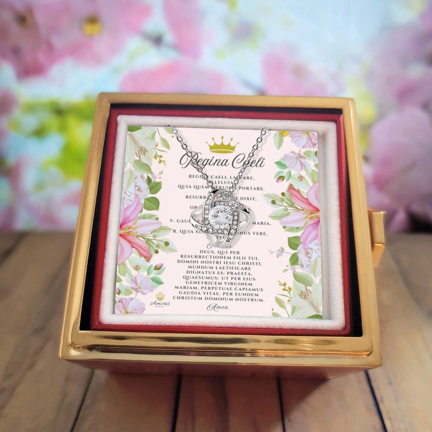 Collar de nudo de amor Regina Caeli con rosa eterna y tarjeta de oración en latín