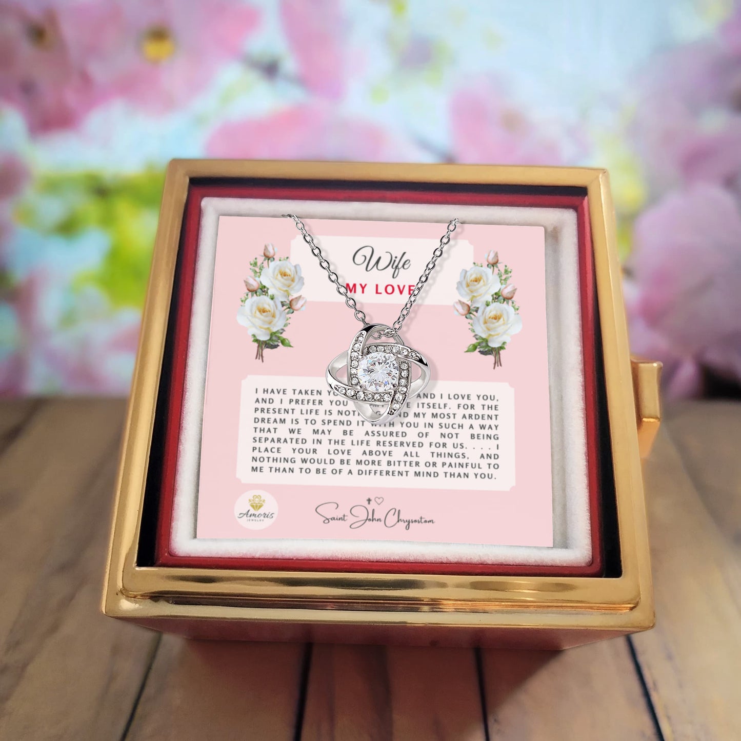Wife My Love Necklace with Eternal Rose and Saint John Chrysostom Quote