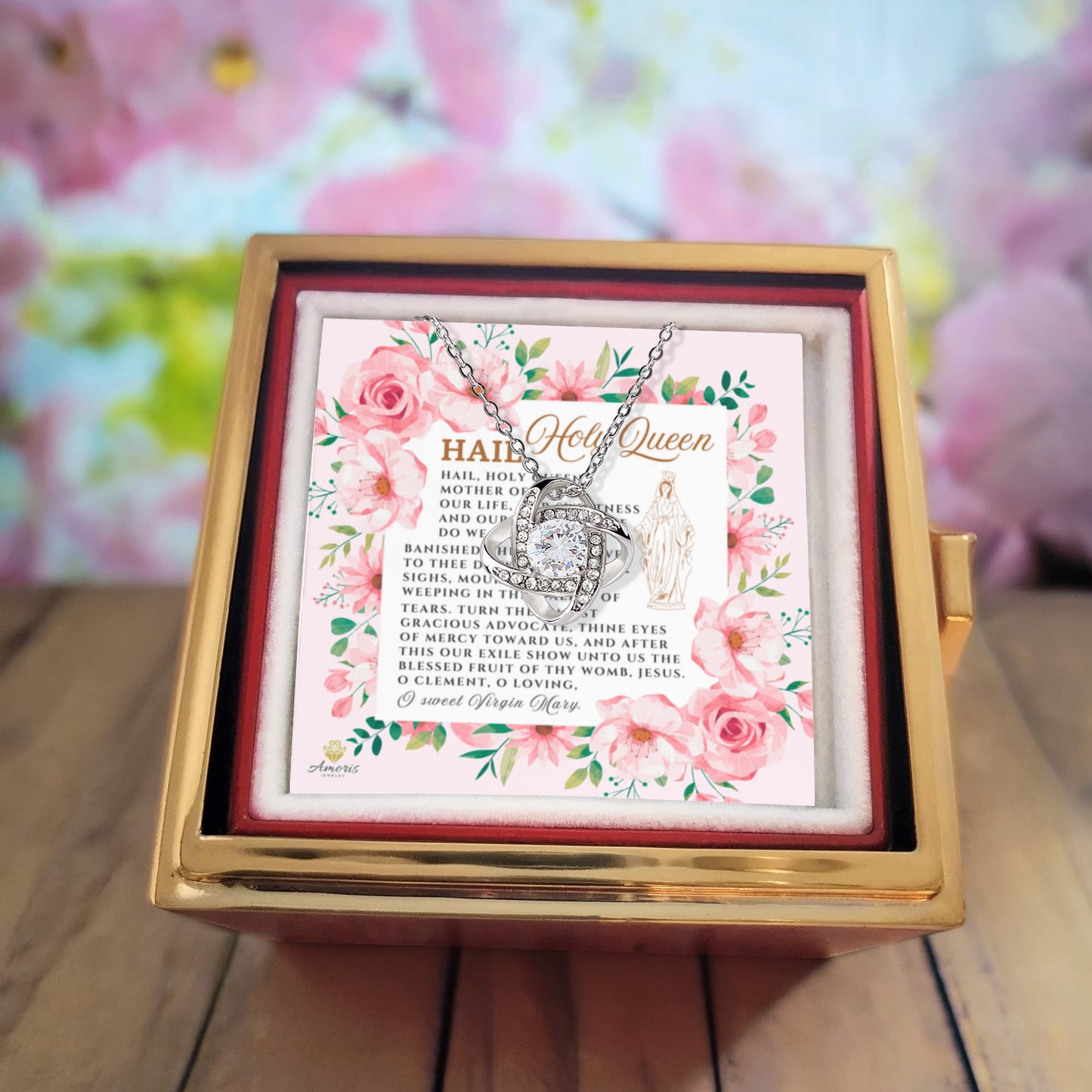 Collier avec nœud d'amour Hail Holy Queen, rose éternelle et carte de prière en anglais