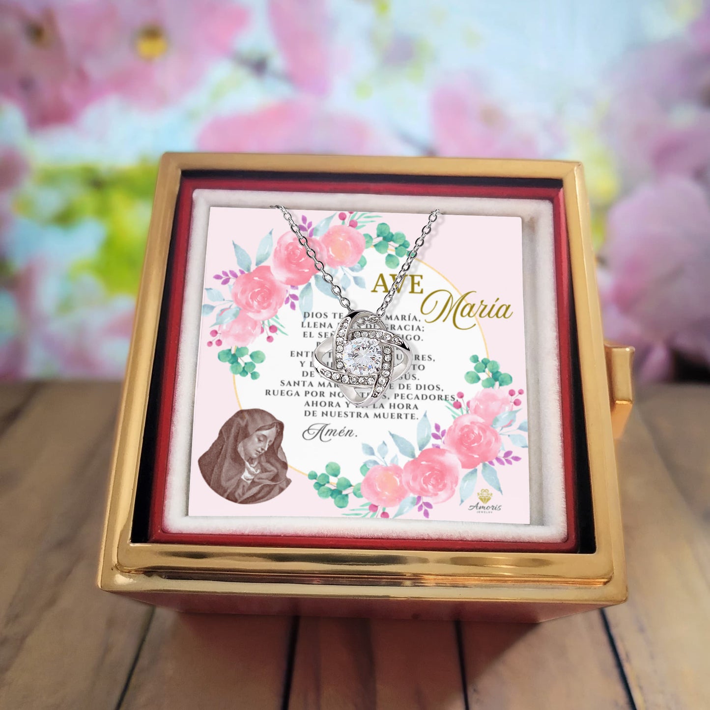 Ave María Love Knot Necklace with Eternal Rose and SPANISH Prayer Card