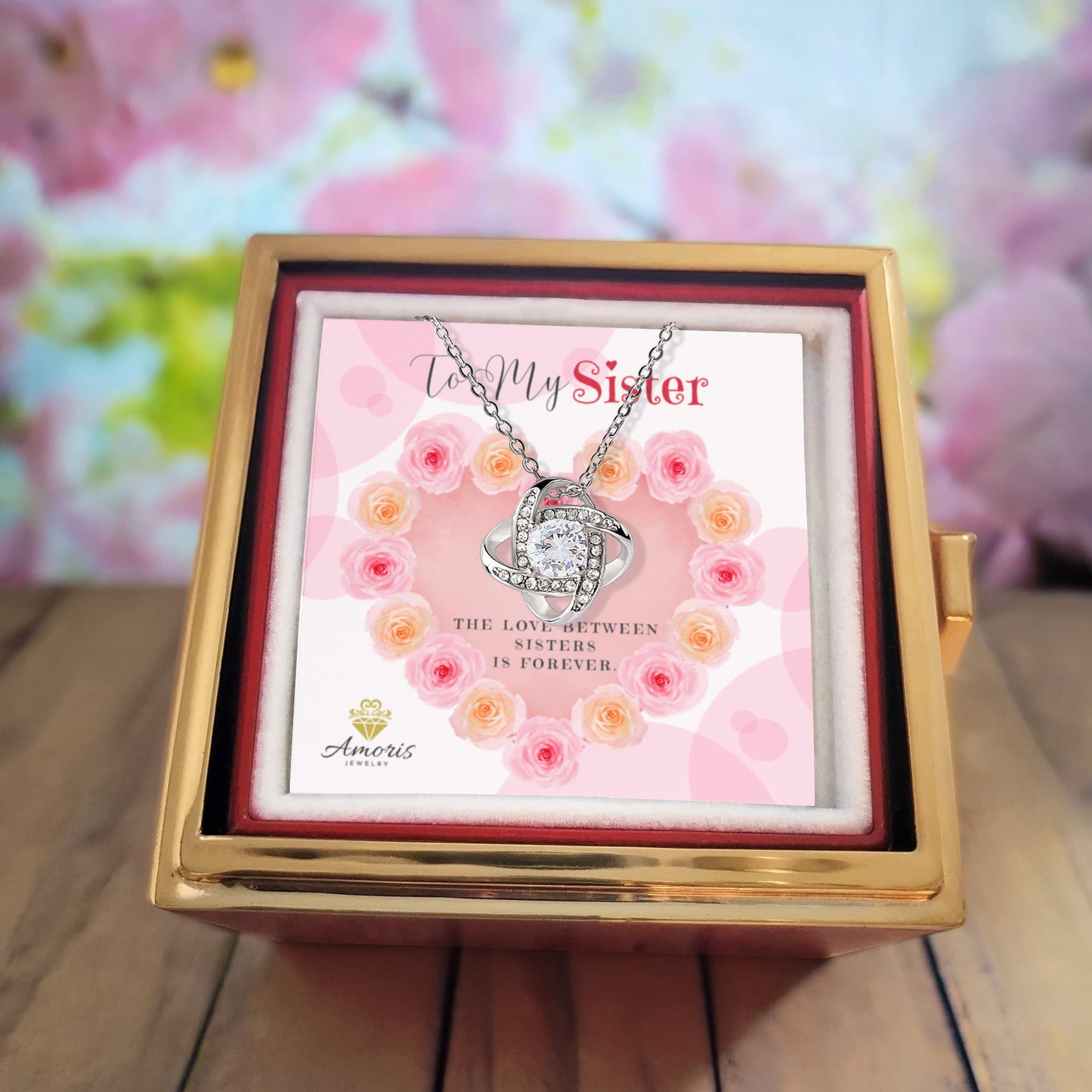 To My Sister Love Knot Necklace with Eternal Rose Box