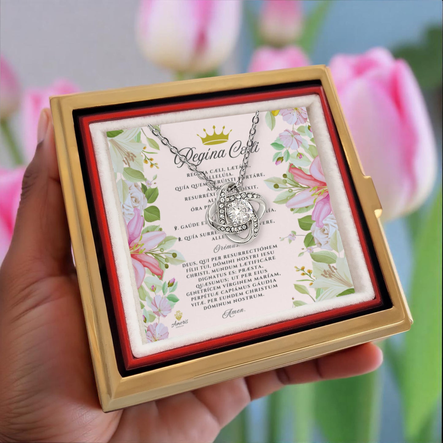 Collar de nudo de amor Regína Cæli con rosa eterna y tarjeta de oración en latín (con detalles)