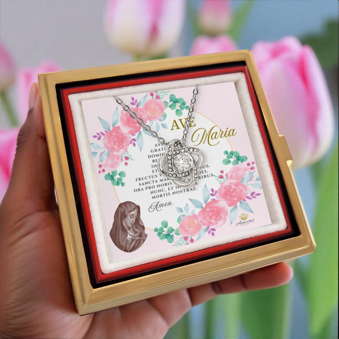 Ave Maria Love Knot Necklace with Eternal Rose and LATIN Prayer Card
