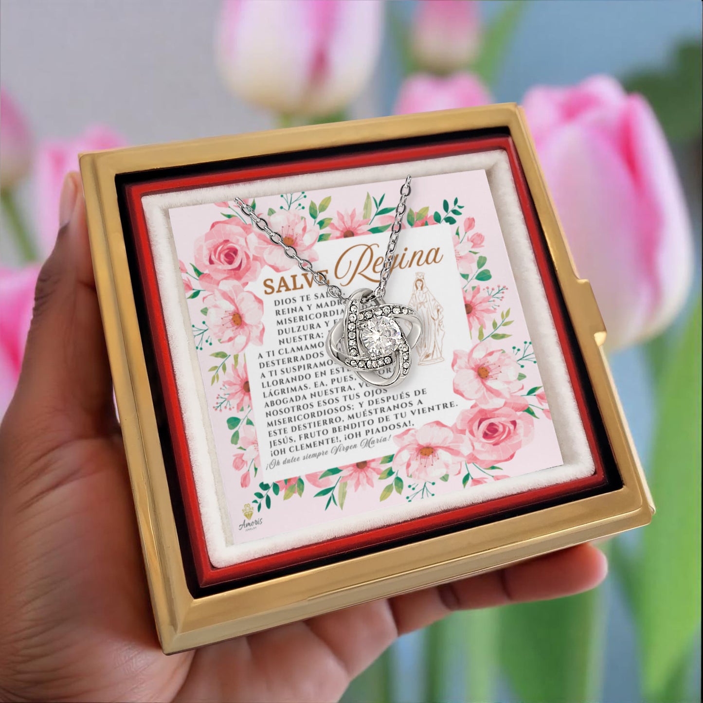 Collar de nudo de amor Salve Regina con rosa eterna y tarjeta de oración en español