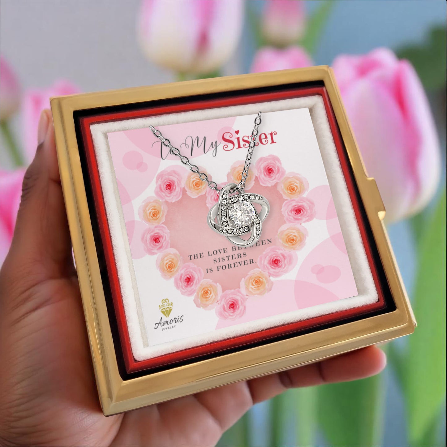 To My Sister Love Knot Necklace with Eternal Rose Box