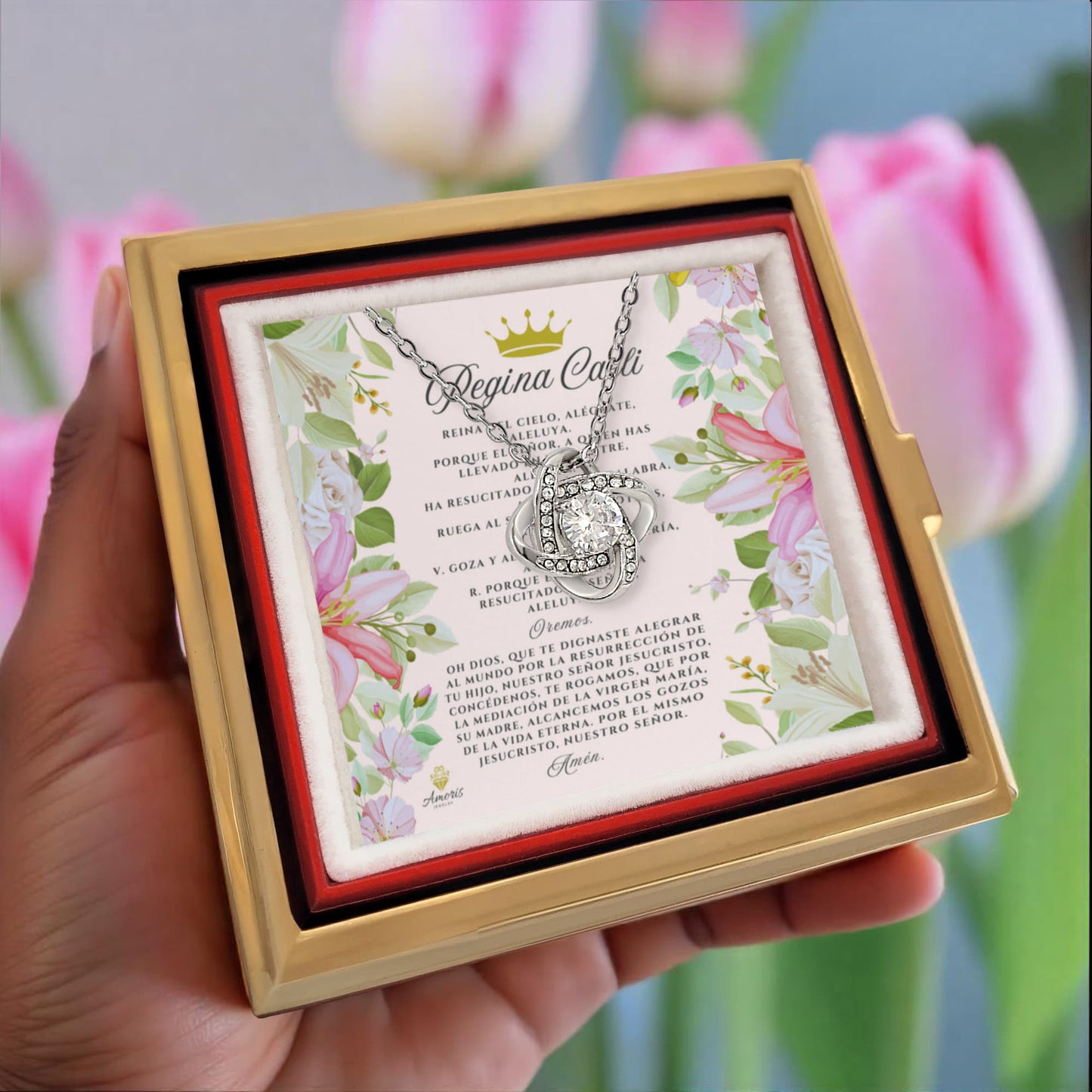 Collar de nudo de amor Regina Caeli con rosa eterna y tarjeta de oración en español