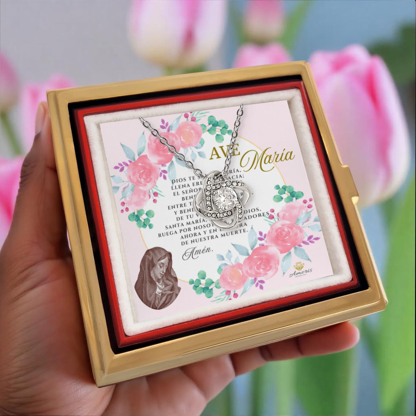 Ave María Love Knot Necklace with Eternal Rose and SPANISH Prayer Card