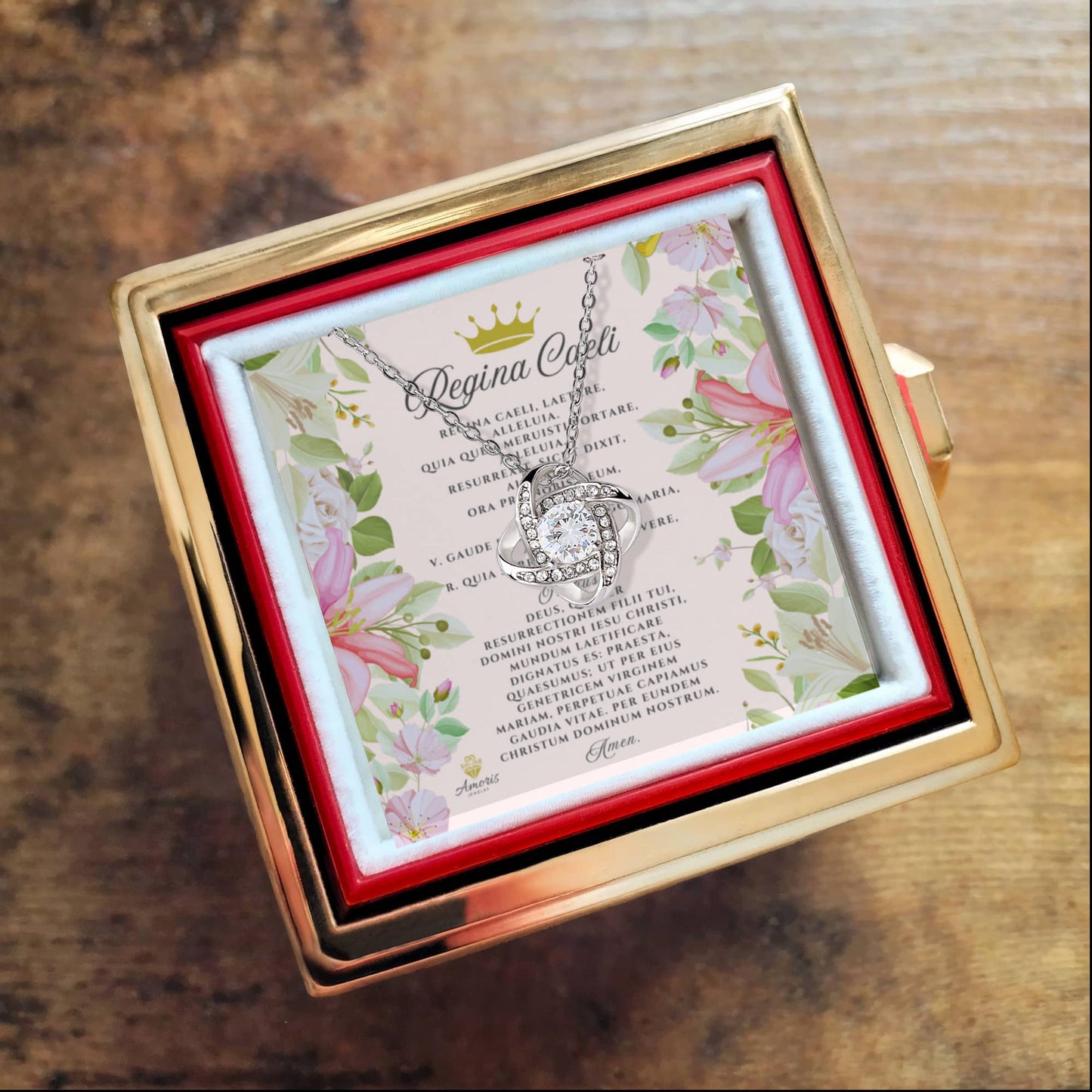 Collar de nudo de amor Regina Caeli con rosa eterna y tarjeta de oración en latín
